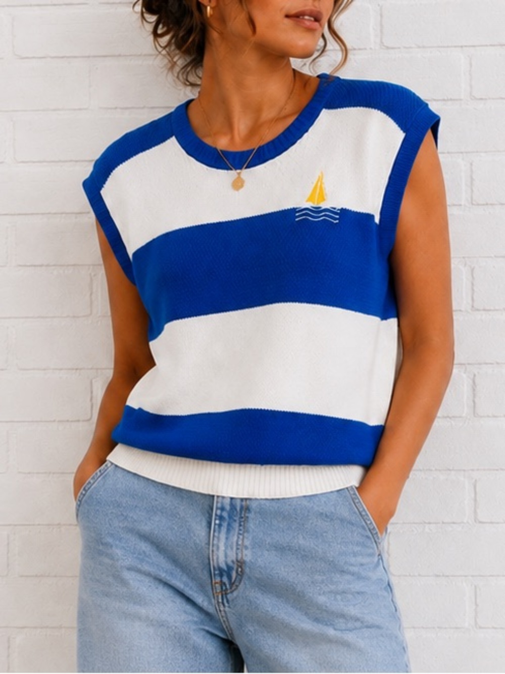 Vintage Catalina USA Nautical Sweater Vest XL Blue White Sailboat Made in USA